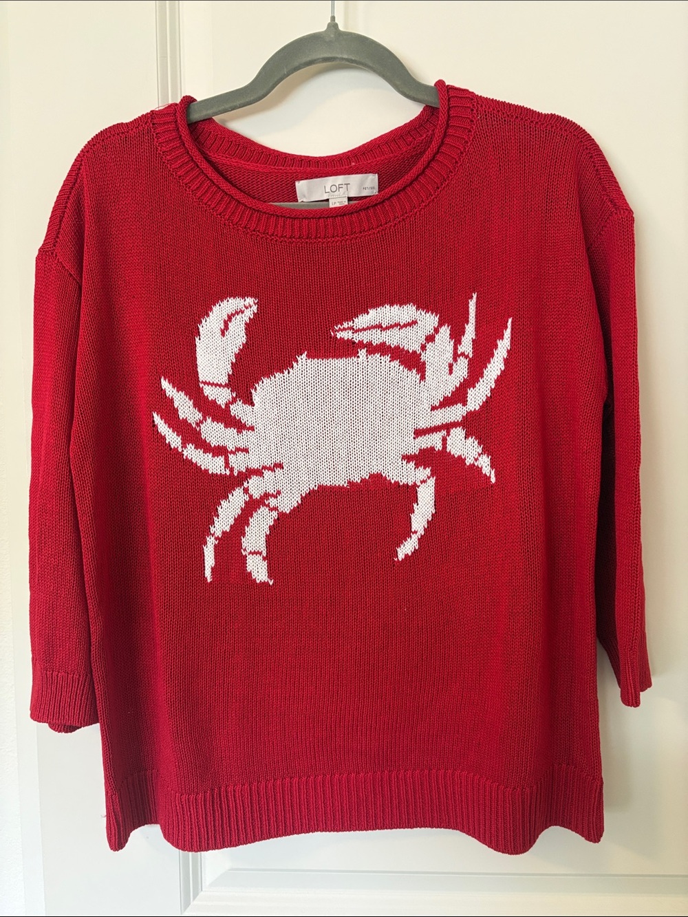 LOFT Red Crewneck Sweater with White Crab Graphic NWOT